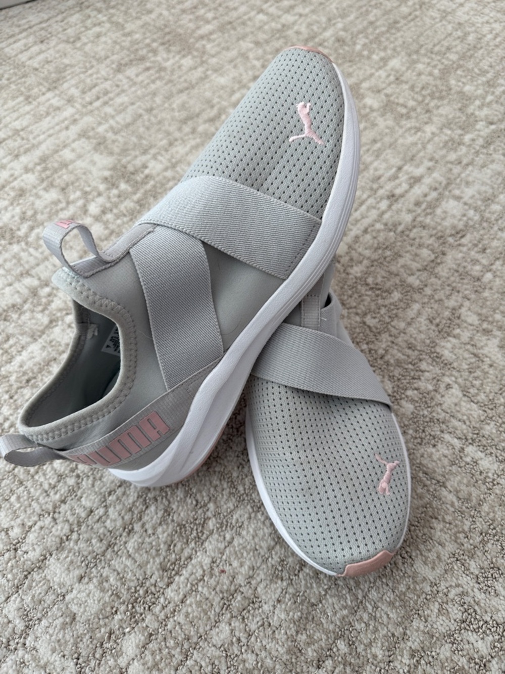 Puma Light Gray Slip-On Sneakers with Pink Accents
